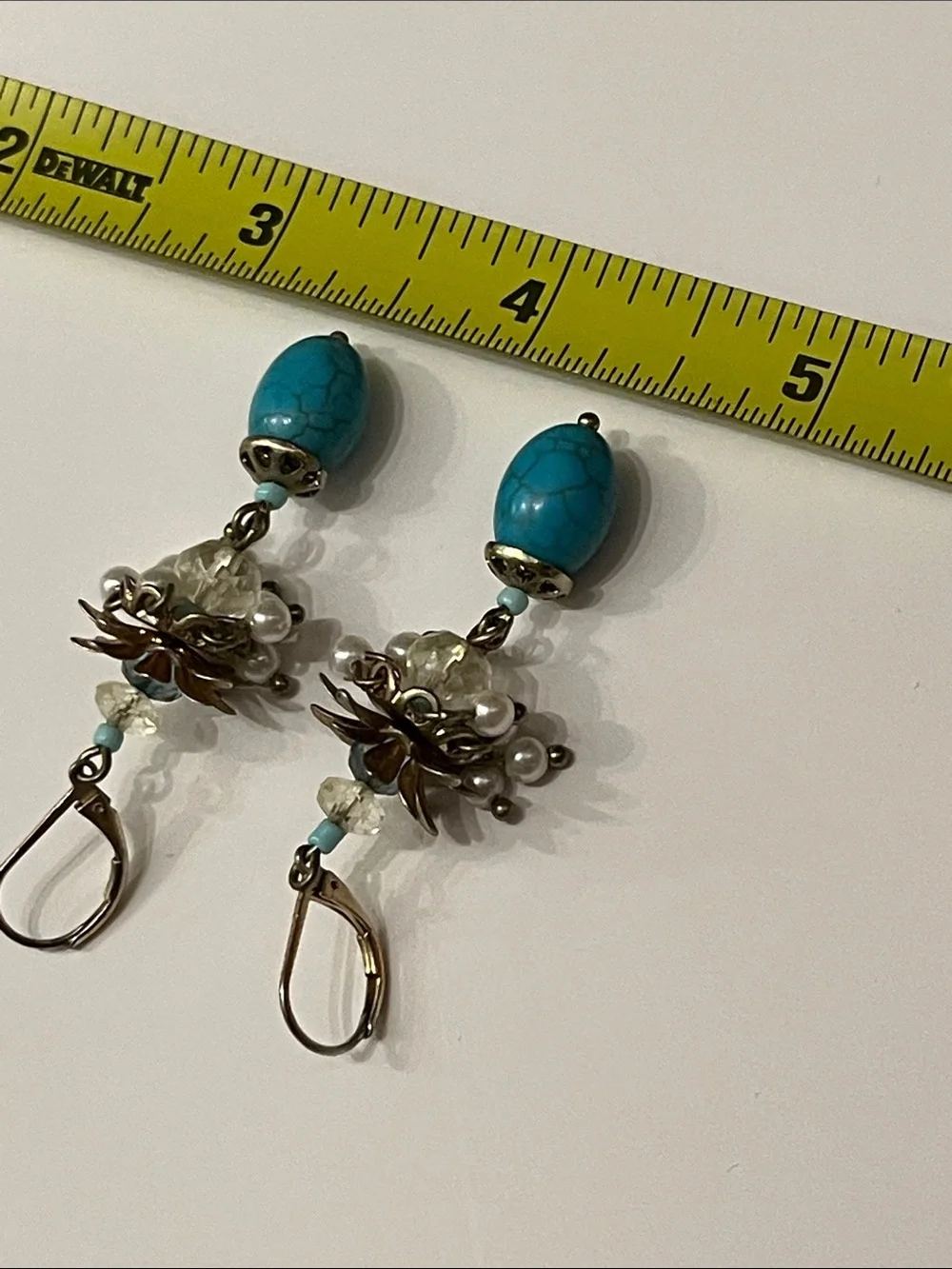 Talbots Turquoise Cluster Drop Earrings with Faux Pearls and Crystal Beads